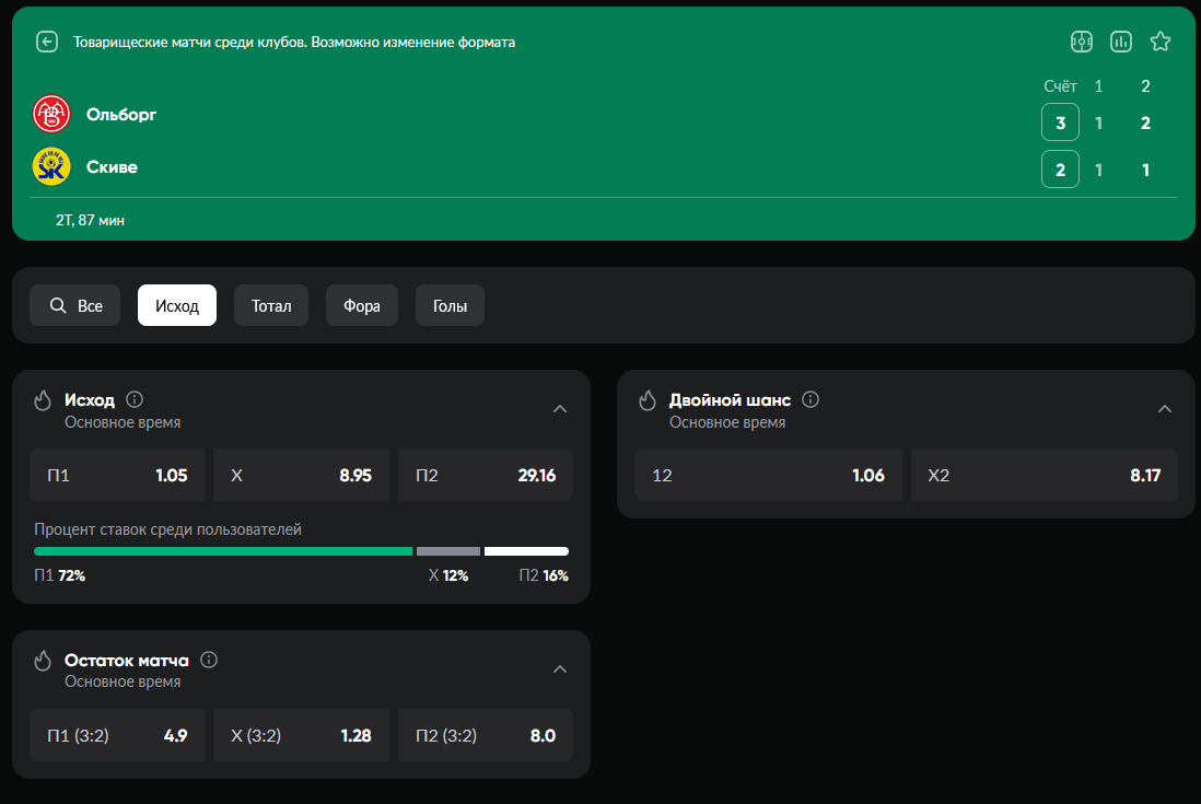 Центр матча с росписью маркетов в BetBoom